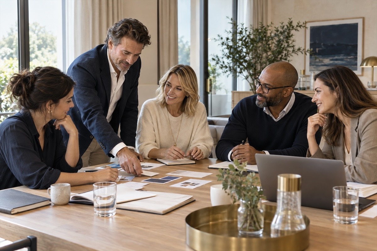 Groupe de travail réuni autour d'une table, documents et tirages photo étalés