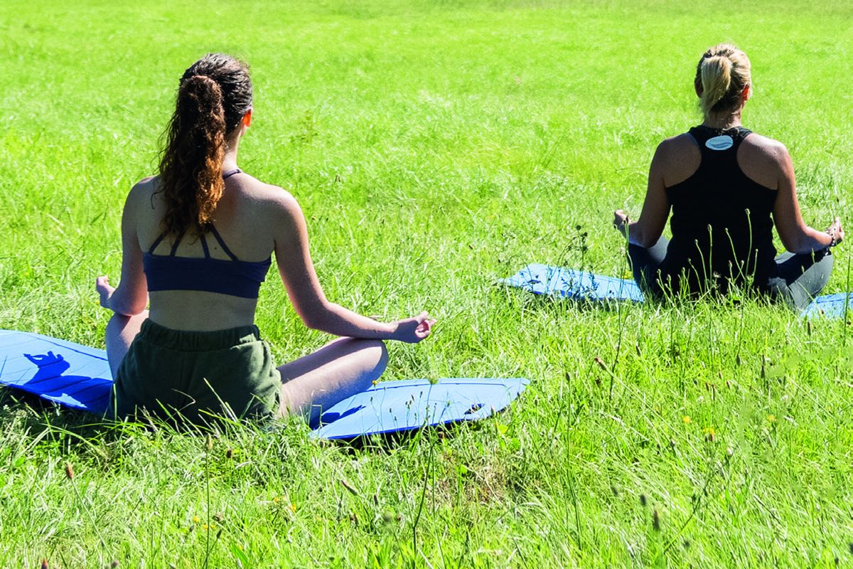 Deux personnes en séance de yoga sur la pelouse du parc