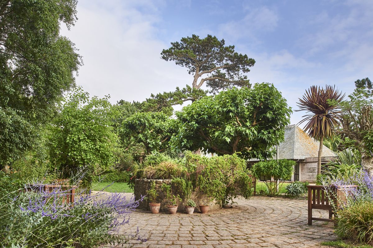 Jardin fleuri avec palmiers et bancs, pavés de pierre