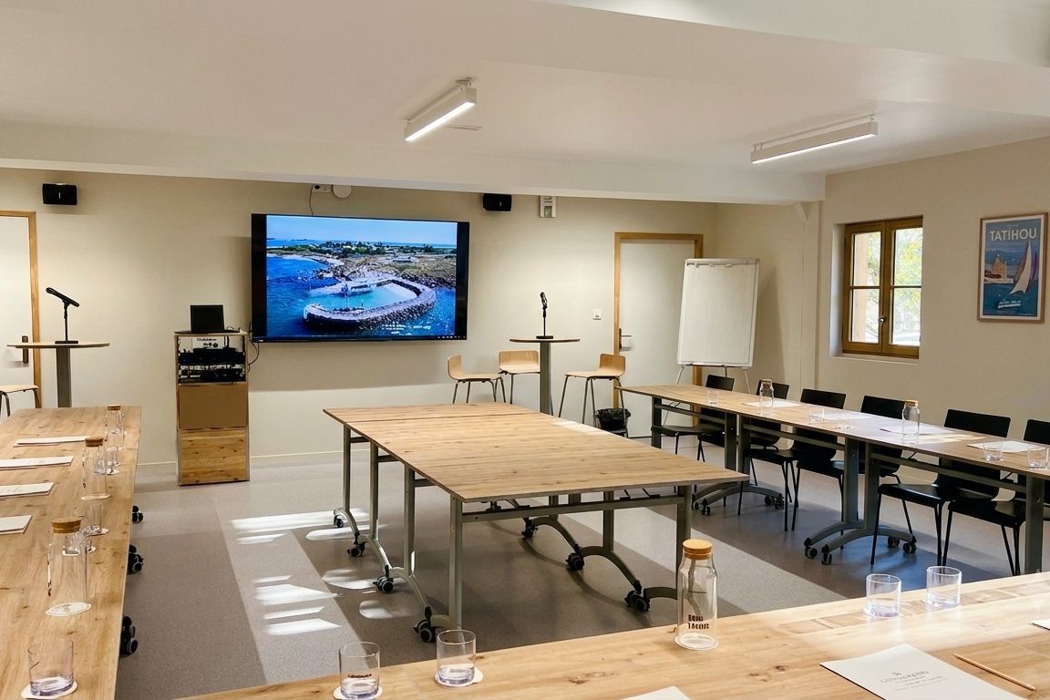 Salle Pierre Aguiton aménagée en U, grand écran et paperboard