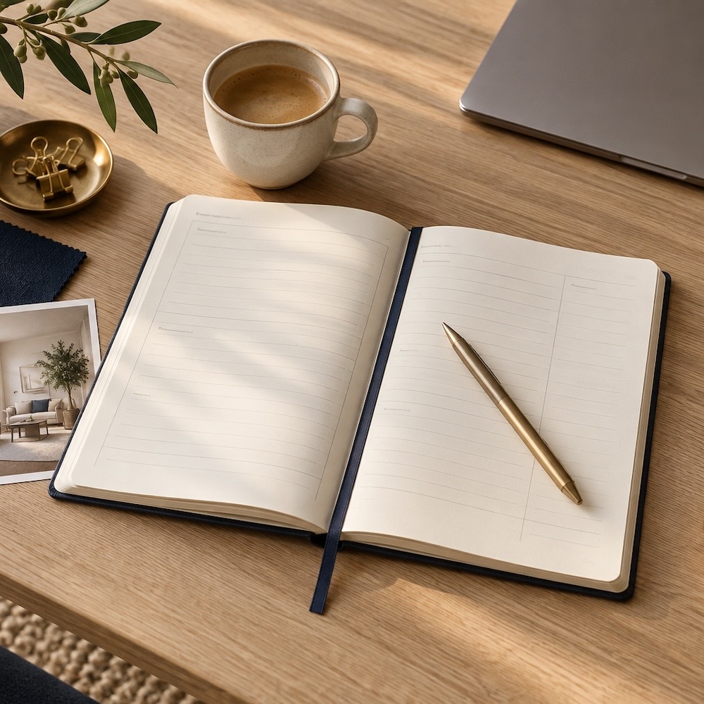 Bureau clair : carnet ouvert, stylo doré et tasse de café