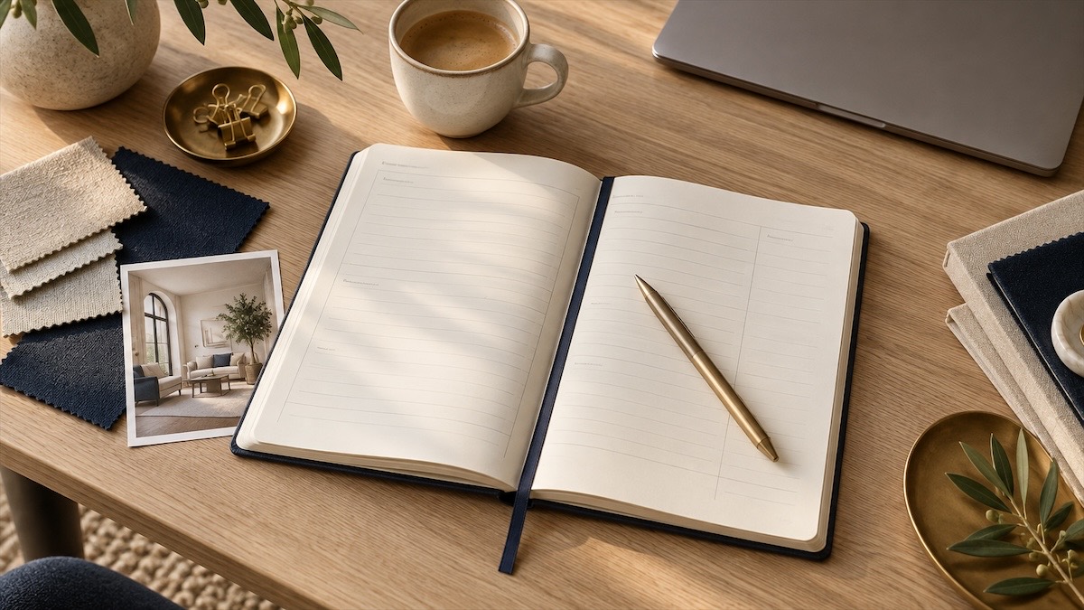 Bureau clair : carnet ouvert, stylo doré, tasse de café et échantillons de tissu
