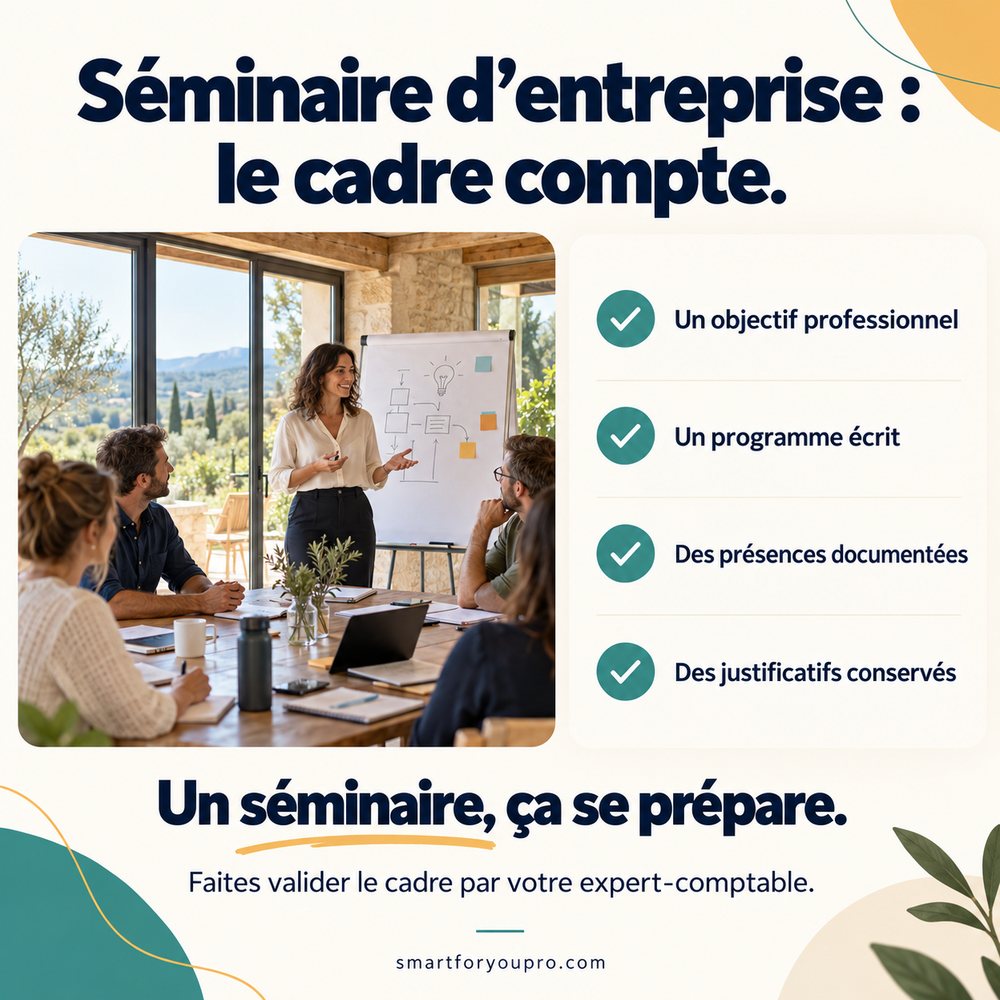 Visuel « Séminaire d'entreprise : le cadre compte. » : une animatrice présente un schéma à une équipe. Un objectif professionnel, un programme écrit, des présences documentées, des justificatifs conservés. Un séminaire, ça se prépare : faites valider le cadre par votre expert-comptable.