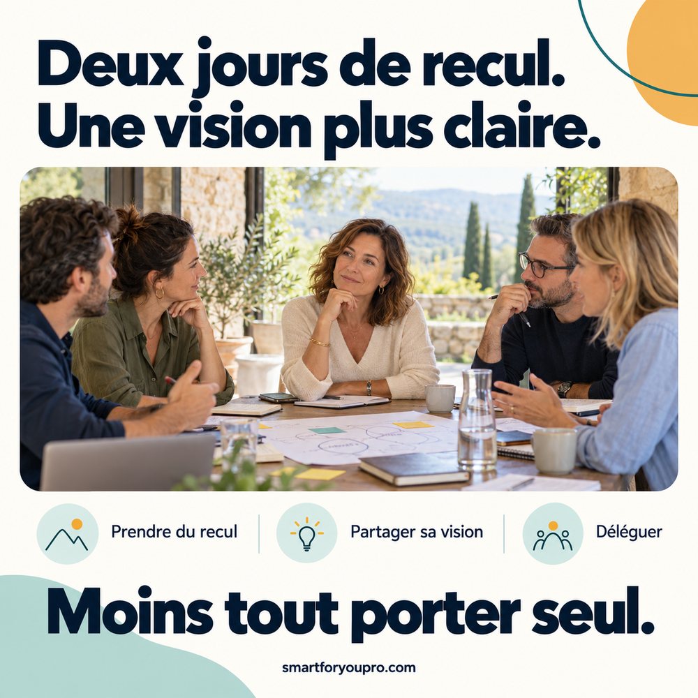 Visuel « Deux jours de recul. Une vision plus claire. » : une dirigeante à l'écoute de son équipe autour d'une table de travail. Prendre du recul, partager sa vision, déléguer : moins tout porter seul.