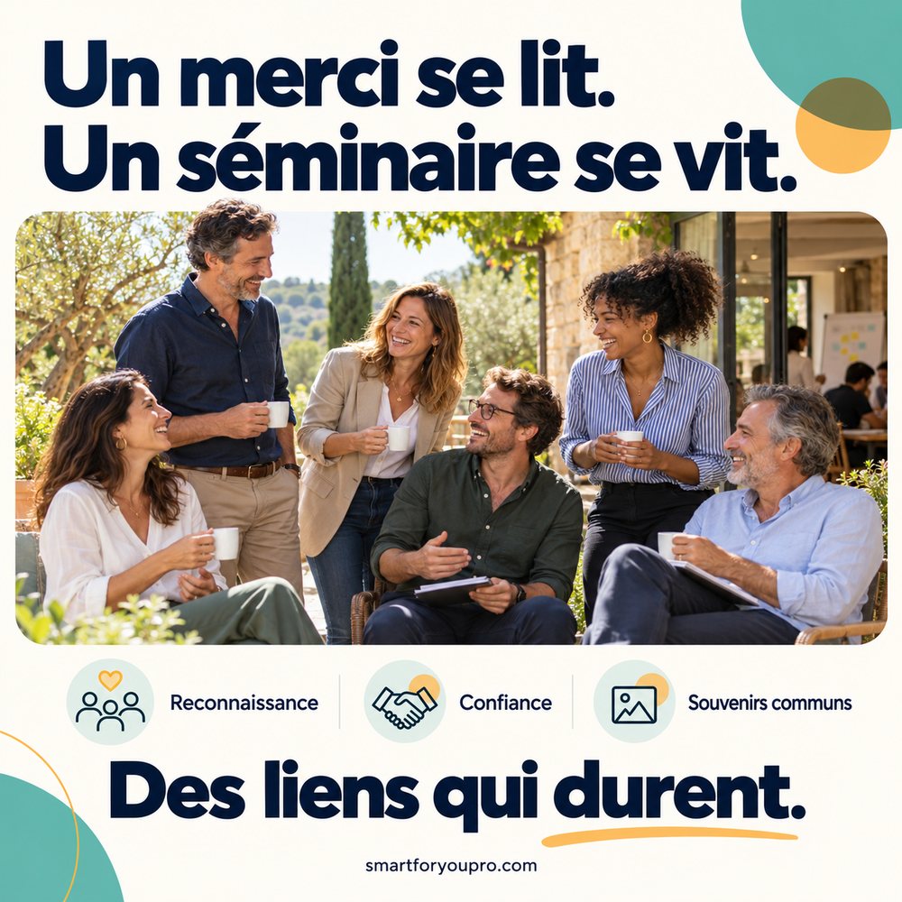 Visuel « Un merci se lit. Un séminaire se vit. » : une équipe souriante autour d'un café en terrasse. Reconnaissance, confiance, souvenirs communs : des liens qui durent.