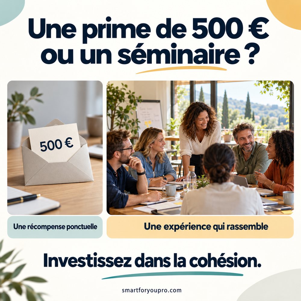 Visuel « Une prime de 500 € ou un séminaire ? » : d'un côté une enveloppe de 500 €, une récompense ponctuelle ; de l'autre une équipe réunie, une expérience qui rassemble. Investissez dans la cohésion.