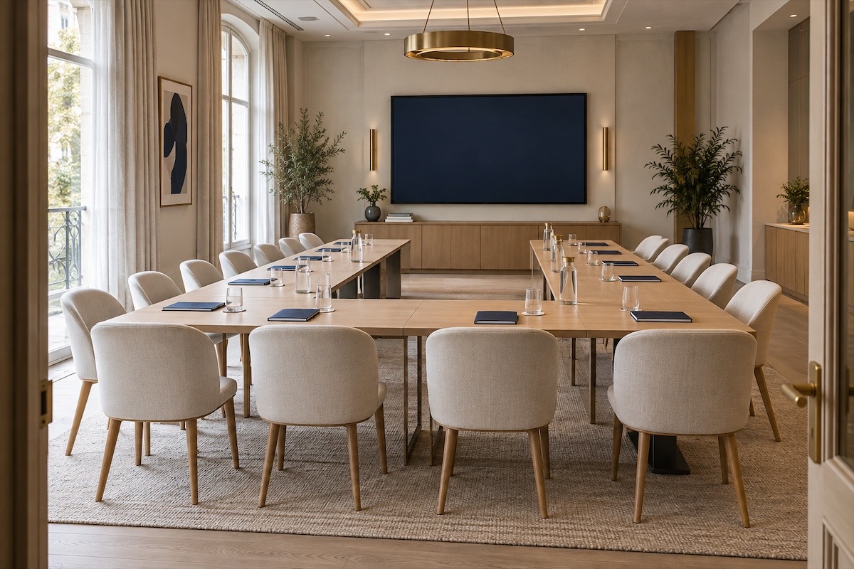 Salle de réunion dressée en U, écran bleu nuit et fauteuils clairs