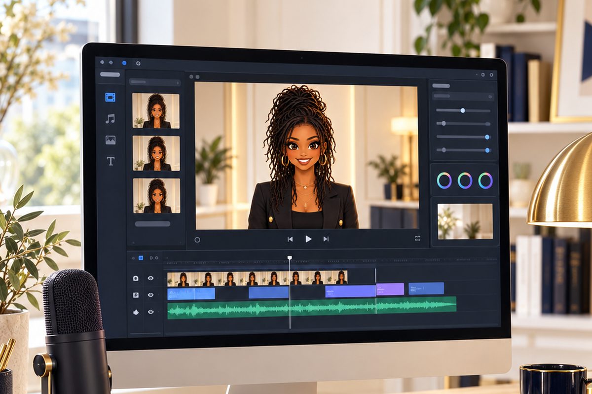 Illustration d'un espace de création vidéo avec MIA à l'écran dans une interface de montage.