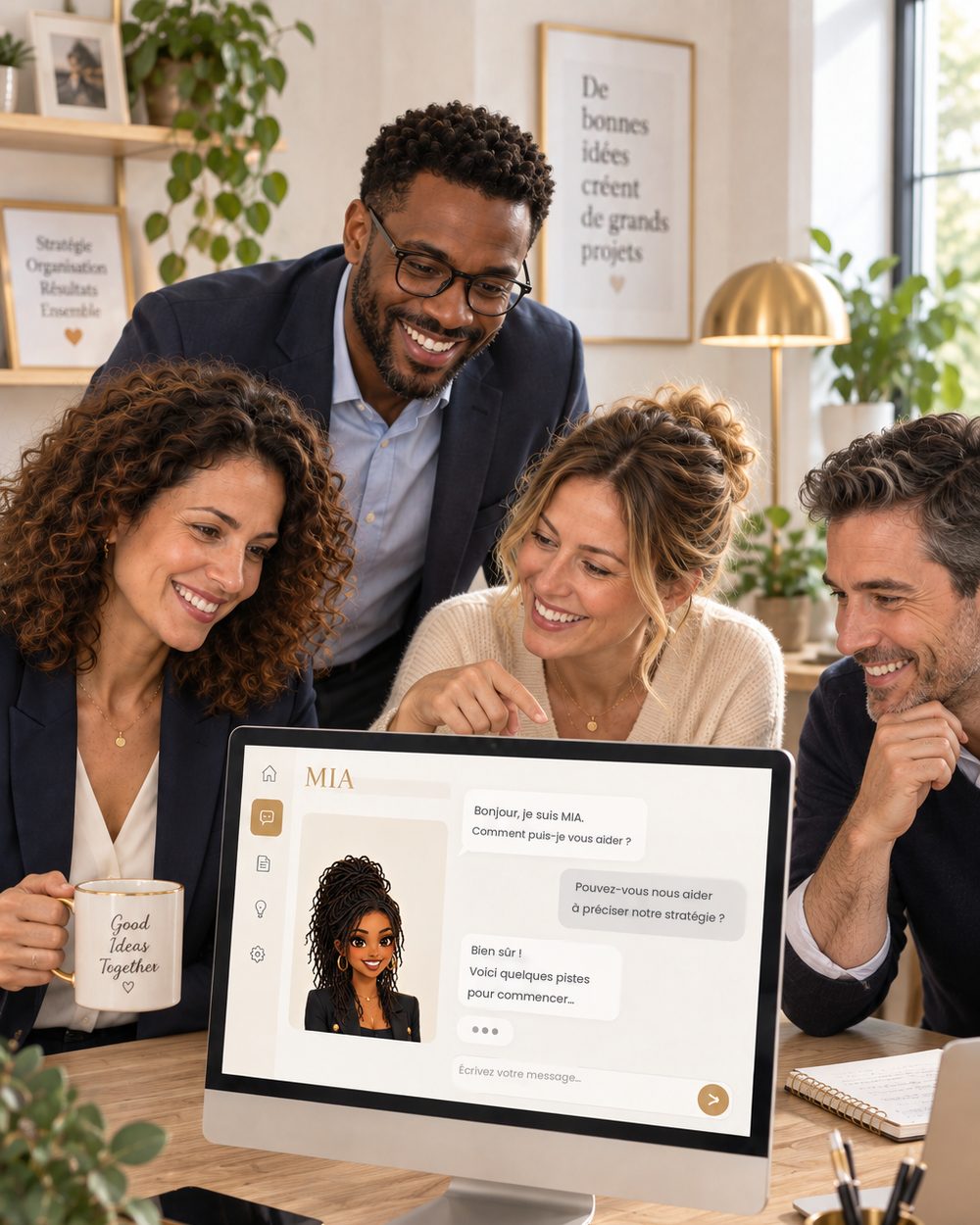 Illustration d'une équipe réunie autour d'un ordinateur affichant MIA, l'assistante IA de Smart For You.