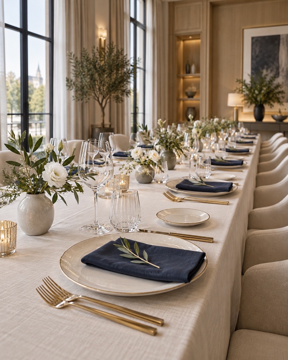 Table dressée pour une réception : couverts dorés, serviettes bleu nuit et compositions florales blanches